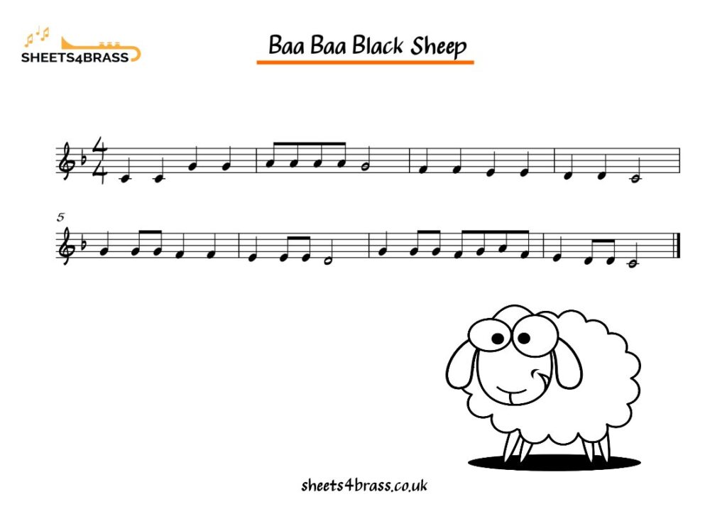 Baa Baa Black Sheep Music Sheet for Trumpet, Horn, Cornet, Euphonium, Baritone and Tuba