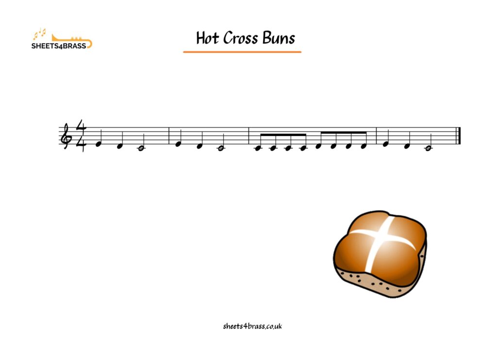Hot Cross Buns Music Sheet for Trumpet, Horn, Cornet, Euphonium, Baritone and Tuba