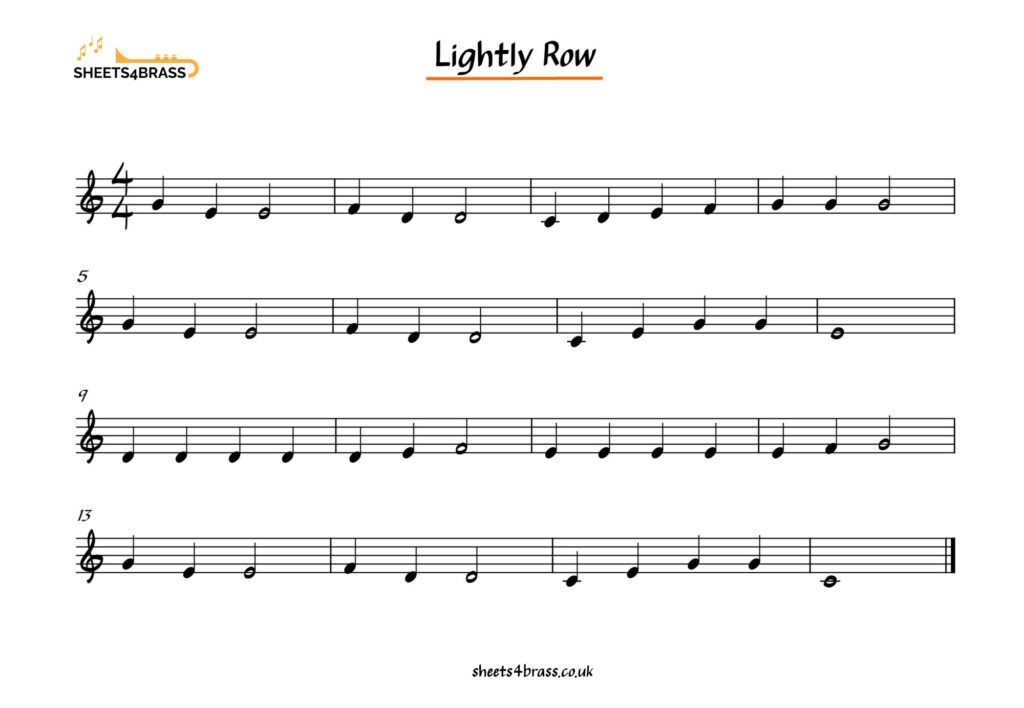Lightly Row Music Sheet for Trumpet, Horn, Cornet, Euphonium, Baritone and Tuba