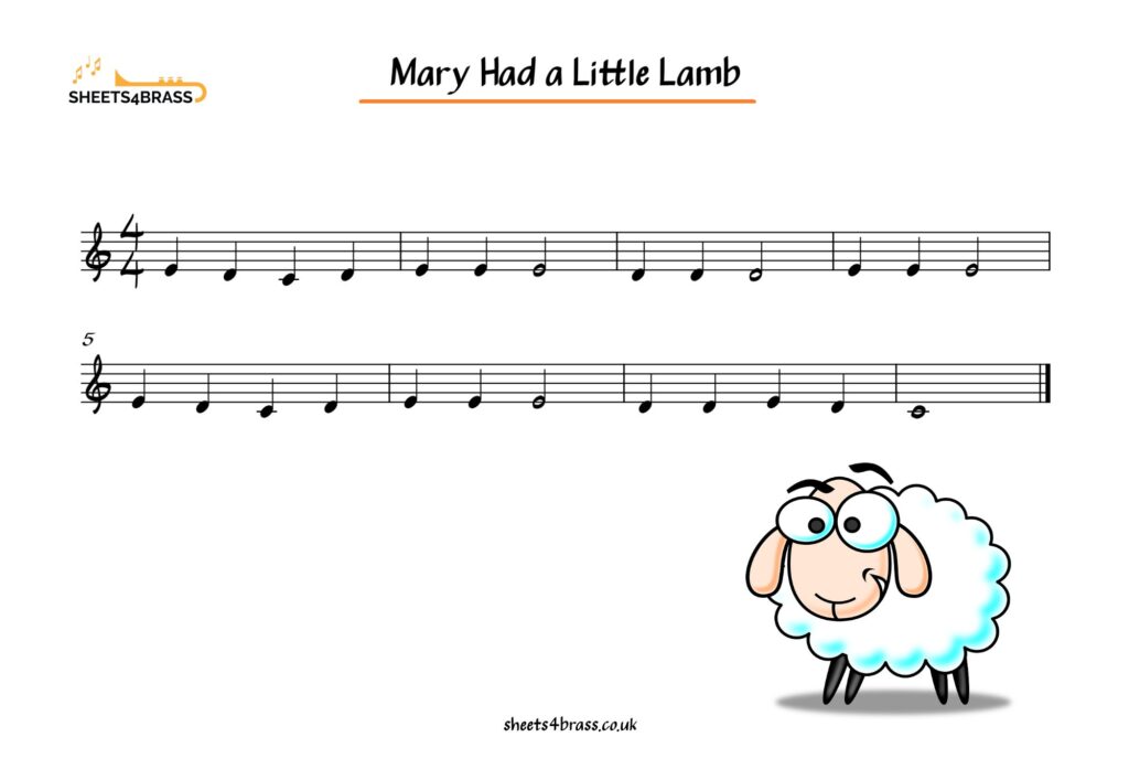 Mary Had a Little Lamb Music Sheet for Trumpet, Horn, Cornet, Euphonium, Baritone and Tuba