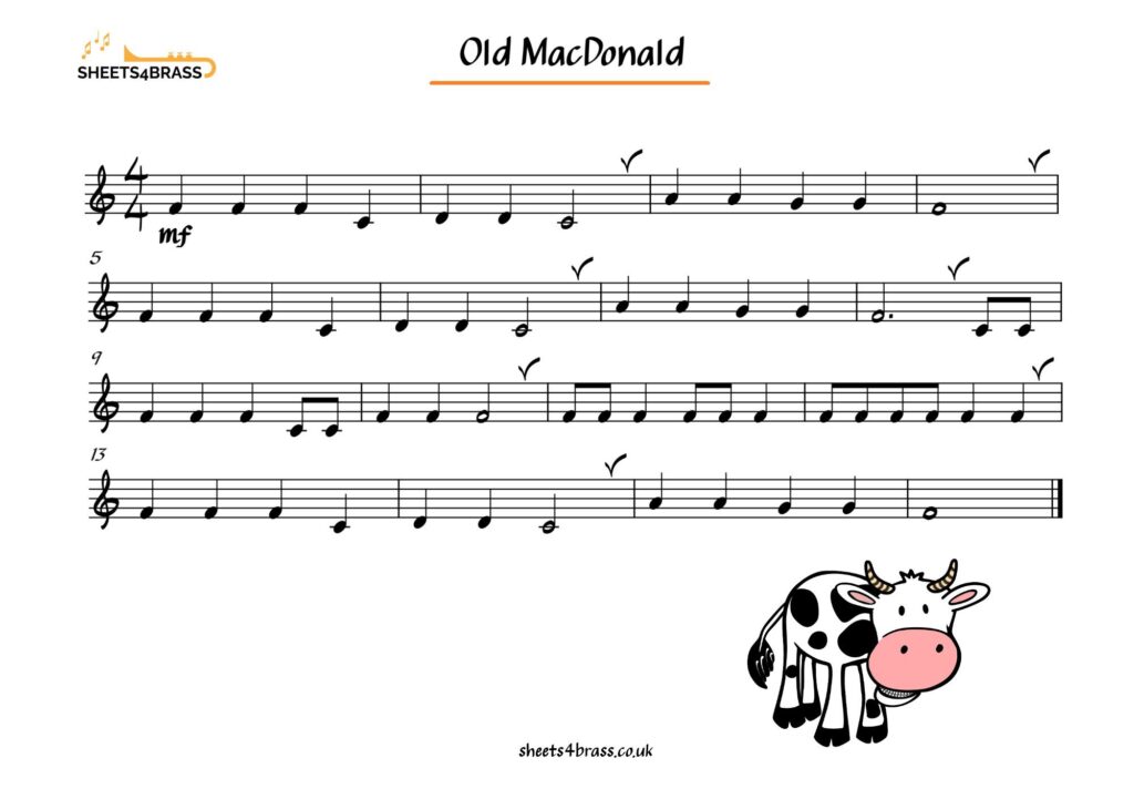 Old MacDonald Music Sheet for Trumpet, Horn, Cornet, Euphonium, Baritone and Tuba