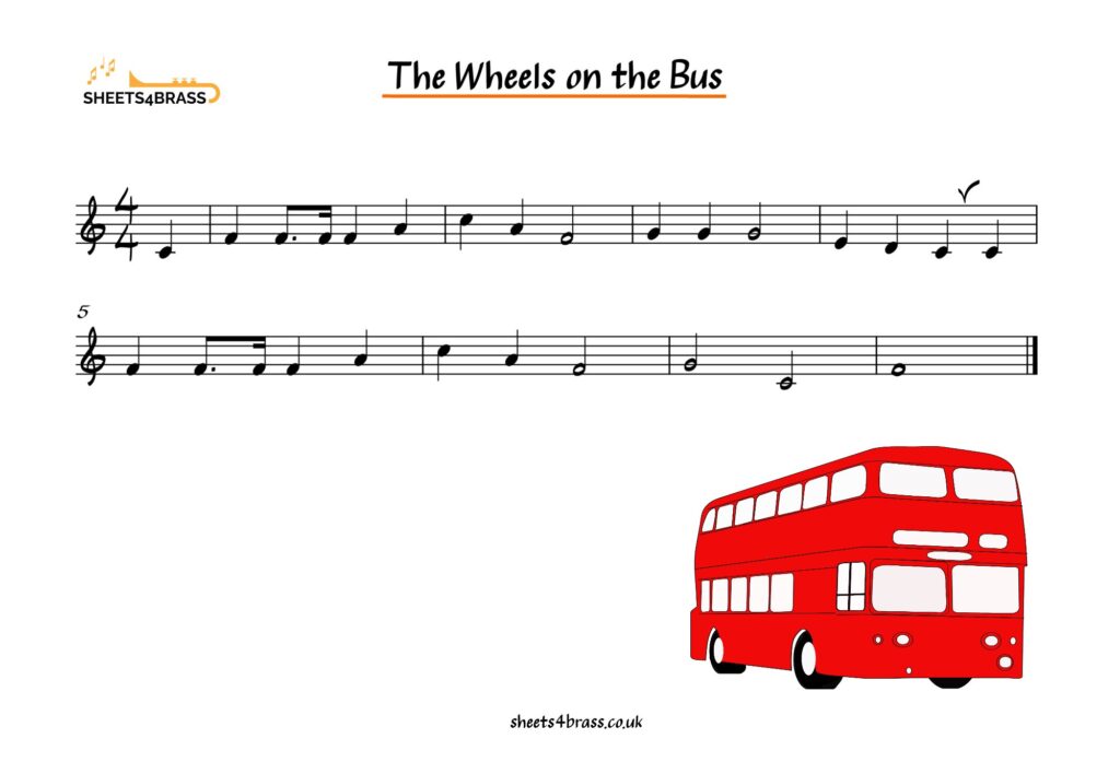 The Wheels on the Bus Music Sheet for Trumpet, Horn, Cornet, Euphonium, Baritone and Tuba