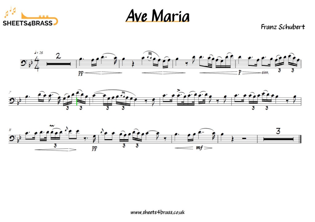 Ave Maria in Bass Clef, Sheet Music for Trombone or Euphonium